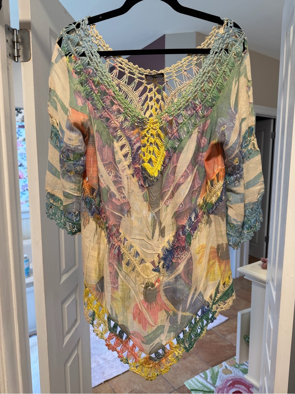 Boho Crochet-Trim Floral Mesh Top - Multicolor-Medium see dimensions